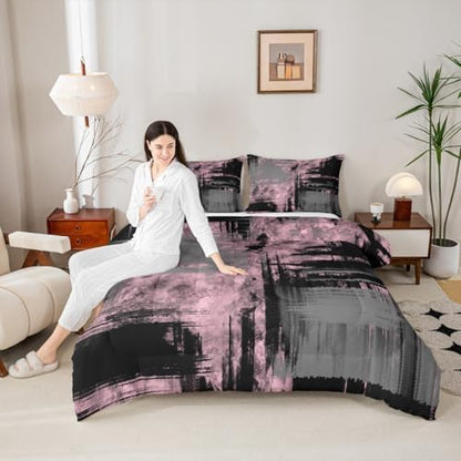 Kids Pink Grey Black Bedding Set Queen Size Abstract Duvet Quilt for Boys Girls Teens Bedroom Decor Geometric Comforter Set Breathable Soft Lightweight Microfiber Women Men Modern With 2 Pillow Case