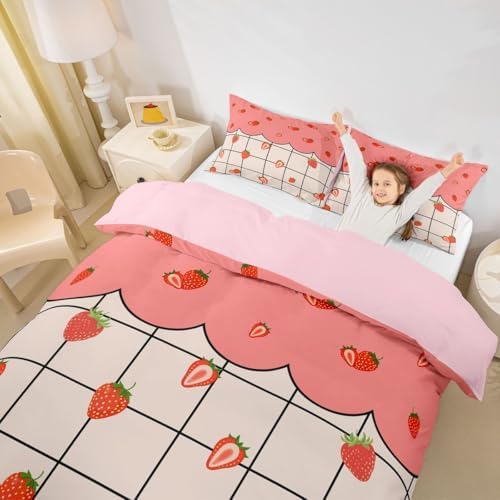 Erosebridal Kawaii Room Decor Duvet Cover for Boys Kids Girls Strawberry Comforter Cover Ultra Soft Bedding Set Cute Fruit Strawberry Bedding,1 Duvet Cover + 2 Pillowcases,Queen