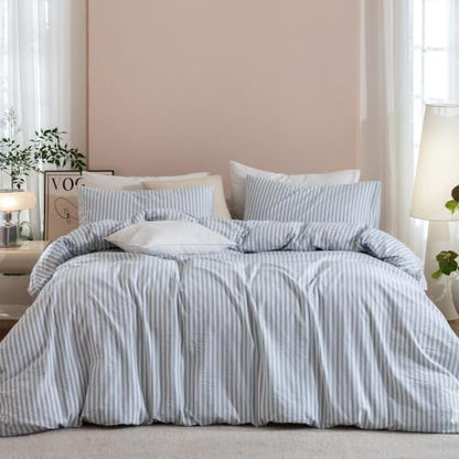 JIYUAN King Washed Cotton Duvet Cover Set, 3-Piece, Linen-Like Stripe
