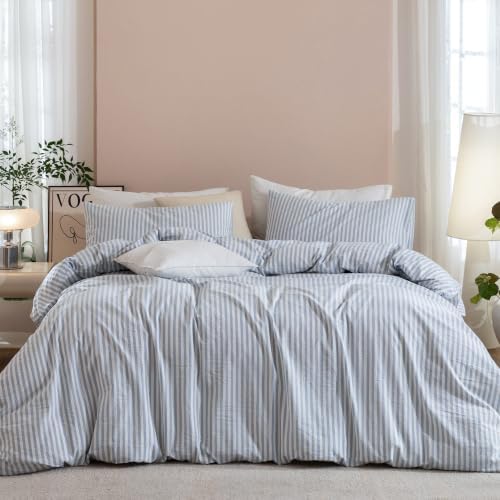 JIYUAN Oversized King Washed Cotton Duvet Cover Set, Linen-Like Stripe