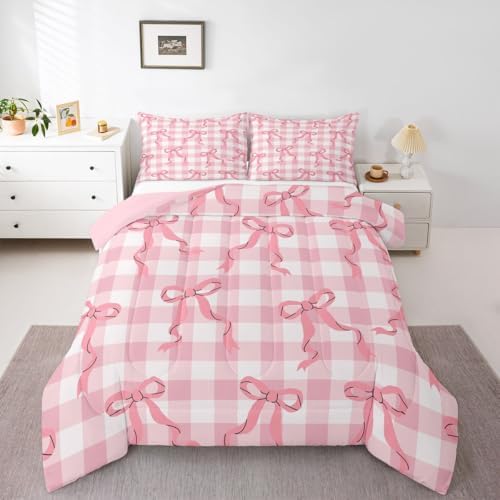 jejeloiu Girls Pink Bow Kids Comforter Set Toddler Size Bow Bedding Set Cute Bowknot Duvet Quilt for Kids Boys Girls Bedroom Decor Microfiber Ultra Soft Breathable