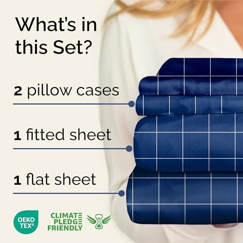 Queen 4 Piece Striped Sheet Set - Soft, Breathable & Cooling - Blue Grid