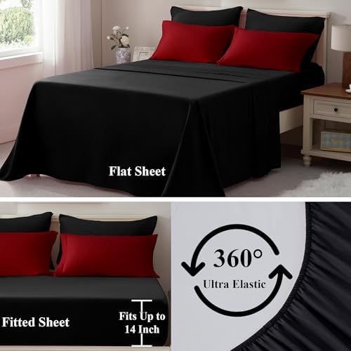 ELNIDO QUEEN® Full Size Bed in a Bag 7 Pieces - Red and Black Bed Comforter Set Full Size, All Season Bedding Sets with Reversible Comforter, Flat Sheet, Fitted Sheet, Pillowcases and Pillow Shams