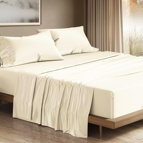 THREAD SPREAD 100% Egyptian Cotton Queen Sheets Set - 1200 Series Plush Collection Luxury Egyptian Cotton Sheets Queen Size Deep Pocket (4 PC, Ivory), Soft, Cooling, Sateen Weave Sheet Set