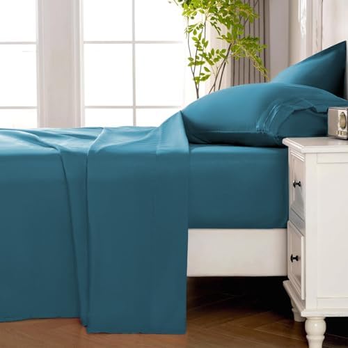 ROSE&RISY Denim Blue King Sheet Set, 4 Pcs Soft Bedding King Sheet Set, Breathable and Cooling,Includes 1 Fitted Sheet, 1 Flat Sheet, 2 Pillowcases - Deep Pocket (Denim Blue, King)