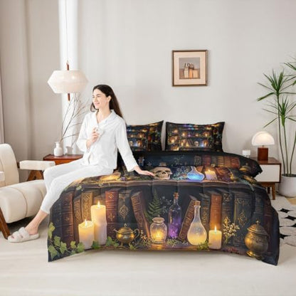 Erosebridal Gothic Bookshelf Skull 7 Pcs Bedding Set King Witchcraft Library Comforter Set with Sheets Mysterious Magic Bookcase Vintage Bed in a Bag Spooky Halloween Wizard Antique Bed Sets Comforter