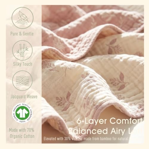 Muslin Baby Blanket, Organic Cotton Blend Jacquard (Pink Botanical)