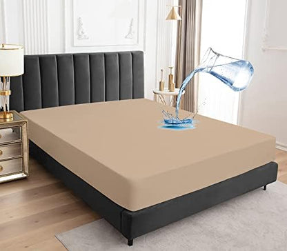 Sufdari King Size Mattress Protector,Waterproof Mattress Protector,Fitted Sheet Style Mattress Cover with 18" Deep Pocket,Washable and Comfortable-Light Tan,King