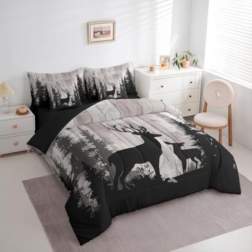 Erosebridal Deer Family Bedding Set Queen Retro Wooden Farmhouse Comforter Set 7 Piece Hunting Rustic Animal Bed in A Bag for Kids Adults Western Forest Wildlife Hunting Quilt with Flat Fitted Sheet