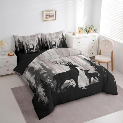 Erosebridal Deer Family Bedding Set Queen Retro Wooden Farmhouse Comforter Set 7 Piece Hunting Rustic Animal Bed in A Bag for Kids Adults Western Forest Wildlife Hunting Quilt with Flat Fitted Sheet