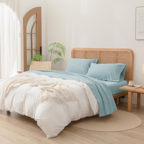 BESTOUCH Sheet Set 100% Washed Cotton Linen Feel Super Soft Comfortable Chic Lightweight 4 Pcs Home Bedding Set Solid Hushed Green Queen