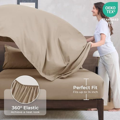 HEVUMYI 7-Piece California King Comforter Set, Khaki Bed in a Bag