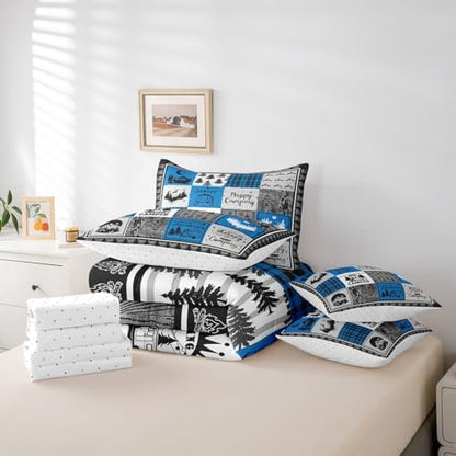 Erosebridal 7 Piece Rv Camper Queen Bed in a Bag,Kids Happy Camping Comforter Set Blue Buffalo Plaid Decor,Rustic Cabin Patchwork Bedding Set with Sheets,Travel Trailer Bed Set with Pillowcases