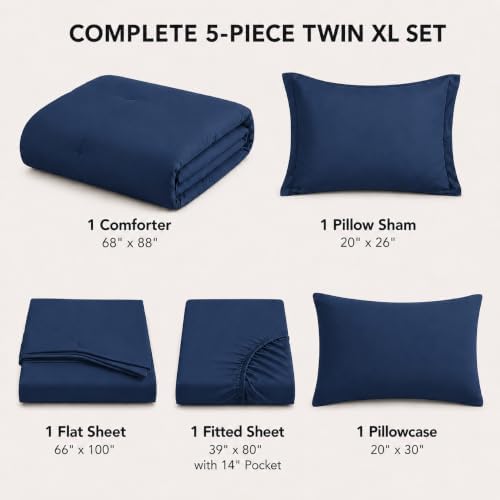 HIMEET Twin XL Comforter Set, 5-Piece Point-Quilted Bed in a Bag, Navy Blue