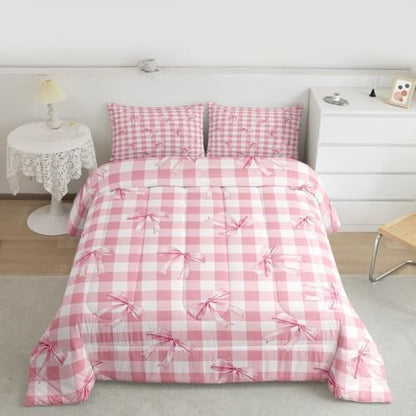 jejeloiu Checkerboard Bowknot Comforter Set All Season Pink Bow Bedding Set with 1 Pillow Cases Plaid Microfiber Kids Toddler Bedclothes Green Bedroom Decor Duvet Quilt Breathable Soft Lightweight