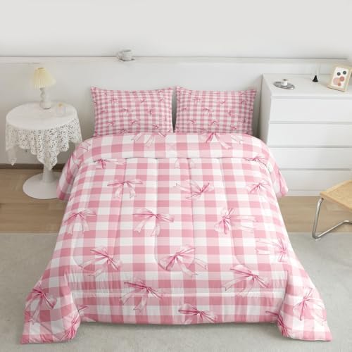 jejeloiu Checkerboard Bowknot Comforter Set All Season Pink Bow Bedding Set with 2 Pillow Cases Plaid Microfiber Kids King Bedclothes Green Bedroom Decor Duvet Quilt Breathable Soft Lightweight