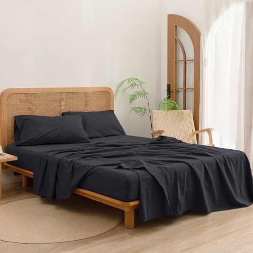 BESTOUCH Twin Washed Cotton Linen Feel Sheet Set 3pc Deep Black
