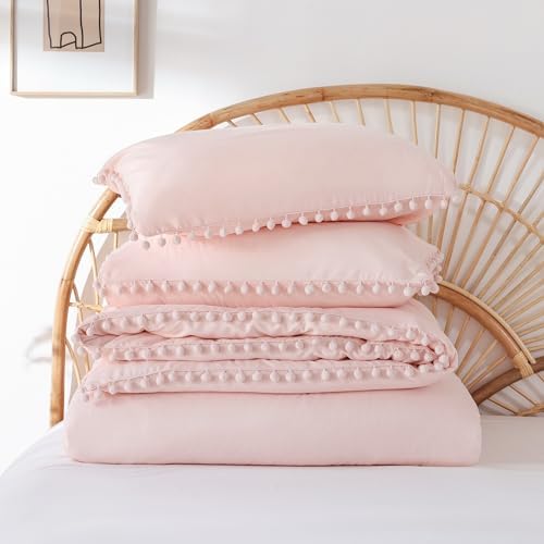 YIRDDEO King Size Comforter Set, Blush Pink Pom Fringe Bedding Set 3 Pieces