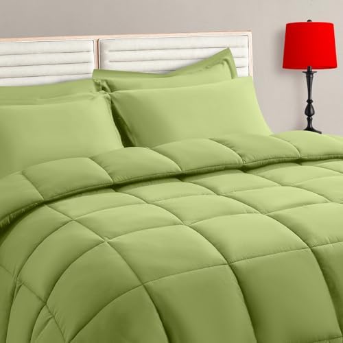TAIMIT Sage Green King Size Comforter Set - 7 Pieces, Bed in a Bag Bedding Sets with All Season Soft Quilted Warm Fluffy Reversible Comforter,Flat Sheet,Fitted Sheet,2 Pillow Shams,2 Pillowcases