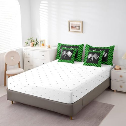 Teens Racing Comforter Set King Size 7 Pcs Green Black White Bedding Set with Comforter,Sheet Set,Pillowcase and Sham Racing Car Flag Game Theme Bed Set Checkered Flag Bedding for Room Decorative