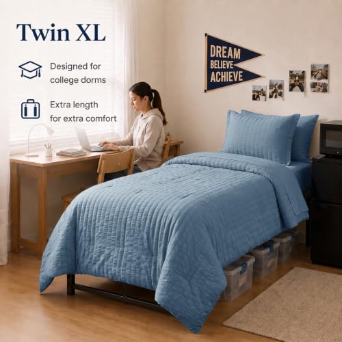 CozyLux Twin XL Comforter Set 5 Pieces Grayish Blue Seersucker Bed in a Bag