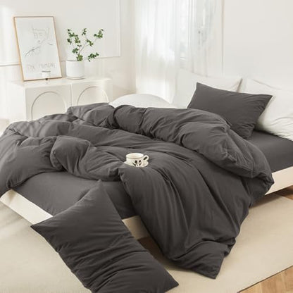 JIYUAN King Washed Cotton Duvet Cover Set, 3-Piece, Relaxed Linen Feel