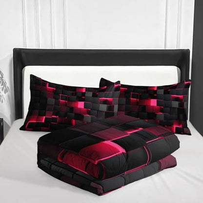 Nttopship Geometric Pink Black Comforter Set,Light Honeycomb 3 Piece Bedding Set Twin Size for Teen Boys,Modern Quilt Set Geometry Decor,Microfiber Lightweight 1 Comforter 2 Pillowcases All Season
