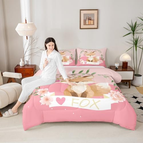 Feelyou Girls Cartoon Fox Comforter Set Cute Fox Bedding Set for Kids Boys Girls Kawaii Animal Duvet Set Botanical Floral Comforter 1 Comforter Set with 2 Pillowcases Queen Size