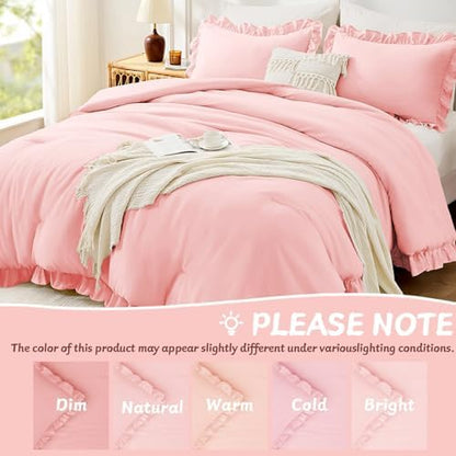 FUANNA Pink Queen Comforter Set, 3 Pieces Bedding Sets, Ruffle Bed Set
