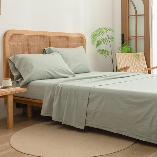 BESTOUCH Cal King Washed Cotton Linen Feel Sheet Set 4 Pcs Sage Green