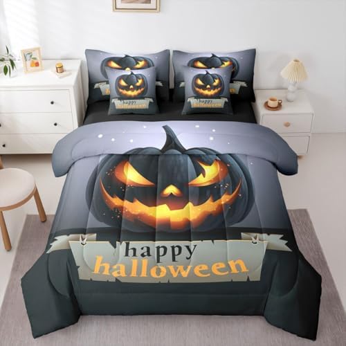 Erosebridal Happy Halloween 7 Pcs Comforter Set Twin, Glowing Pumpkin Lantern Bedding, Trick Or Treat Gothic Night Bed in A Bag Sheet Set, Grey Black Horror Cartoon Gray Yellow Stars Quilt