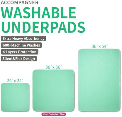 Accompagner Incontinence Bed Pads Washable Waterproof, Ultra-Absorbent Reusable Underpads for Diaper Changing, Nursing, Bedridden, Adults, Seniors, Kids and Dogs (Green, 36"x36"(Pack of 4))