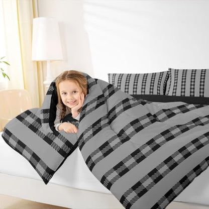 jejeloiu Black Plaid Bedding Set Soft for Boys Girls, Stripes Comforter Set Full Size Check Checkered Duvet Quilt Microfiber Grid Geometric Bedroom Decor 3 Pcs with 2 Pillow Cases