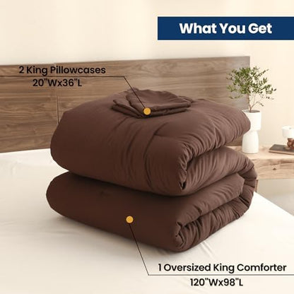 Paxrac Brown Oversized King Comforter Set 120x98In, 3 Pieces Comforter Set, Lightweight Solid Bedding Set, All Seasons Soft Fluffy Bed Set (1 Comforter & 2 Pillowcases)