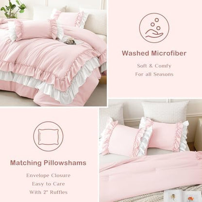 Masaca Ruffled King Comforter Set,Farmhouse Shabby Boho Bedding Comforter Lightweight Ultra Soft Pink and White Vintage French Country Bedding Set 3Pcs (1 Ruffle Comforter and 2 Pillowcases)