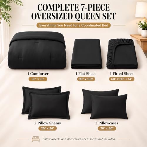 CozyLux Oversized Queen Comforter Set Black, 7 Pieces Bed in a Bag