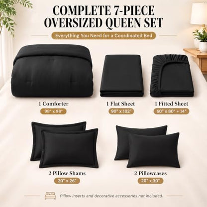 CozyLux Oversized Queen Comforter Set Black, 7 Pieces Bed in a Bag