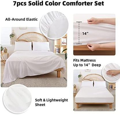 weigelia White Queen Comforter Set with Sheets - 7 Piece Bed in a Bag Queen
