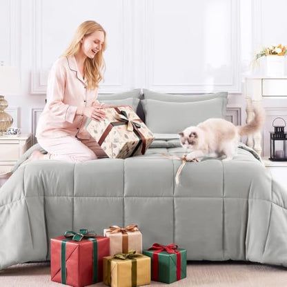 CozyLux King Size Comforter Set, 7-Piece Bed in a Bag, Silver Grey