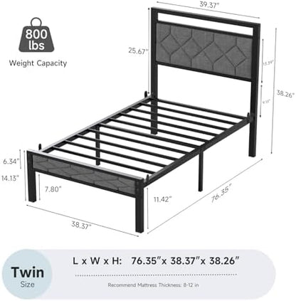 Z-hom Twin Size Bed Frame, Twin Bed Frame with Upholstered Headboard,Grey