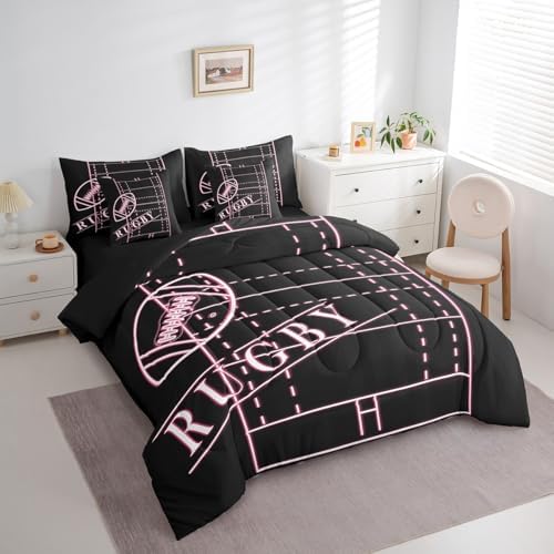 Erosebridal Kids Soccer Bedding Twin Size 7-Piece for Girls Pink Comforter Set, Ball Gamer Bedding Comforter Sets Sport Game Bed in a Bag, Girly Football Field Bedding Accessories (Black Reversible)