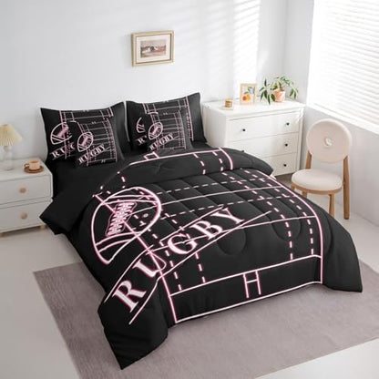 Erosebridal Kids Soccer Bedding Twin Size 7-Piece for Girls Pink Comforter Set, Ball Gamer Bedding Comforter Sets Sport Game Bed in a Bag, Girly Football Field Bedding Accessories (Black Reversible)