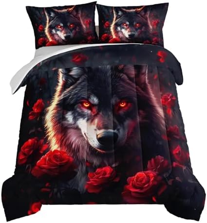 HOSIMA Floral Wolf Queen Comforter for Boys Room Decor with 2 Pillowcases.