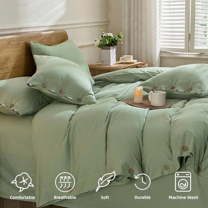 JELLYMONI Cotton Duvet Cover Full Size - Light Green Comforter Cover with Button 100% Washed Cotton 3PCS Breathable Soft Solid Bedding Set Duvet Cover 80×90in & 2 Pillowcases (NO Comforter)