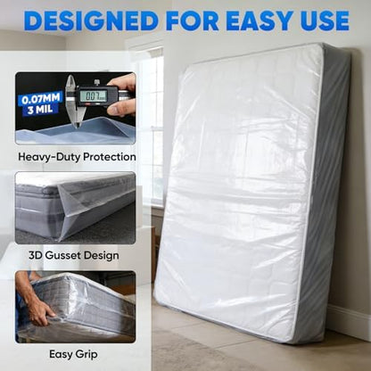 TICONN 1PK Plastic Mattress Bags for Moving, Waterproof Mattress Cover