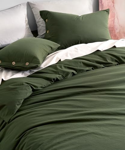 JELLYMONI 100% Washed Cotton Fall Olive Green Duvet Cover Cal King, Linen-Like