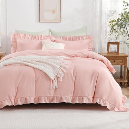 Andency Blush Ruffle Duvet Cover Full, Shabby Chic Farmhouse Bedding Set