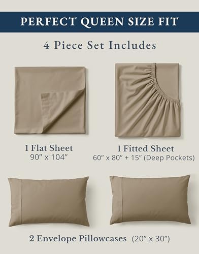 LANE LINEN Eco Friendly 100% Organic Cotton Sheets Queen Size, Naturally Cooling Percale Weave, Soft & Comfy Long Staple Mercerized Machine Wash Low Pill Fade Resistant Bed Sheets Queen Taupe