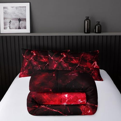 Nttopship Red Comforter Set King Size，Red Marble Bedding Set 3 Pcs Bedding for Adults, Marble Room Decor with Comforter and 2 Pillowcases Soft and Lightweight B-Side Black