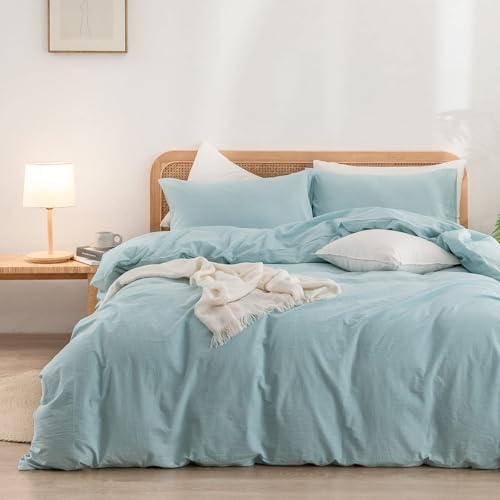 BESTOUCH Cotton Solid Duvet Cover Set Linen Feel Hushed Green Alaska King